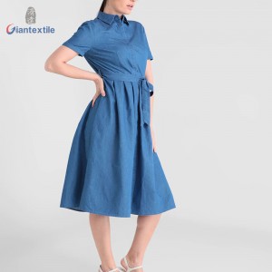 Giantextile High Quality Polyester Cotton Denim Fabric Casual Solid Fashion Long Dress For Women With Belt GTCW107731G35