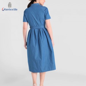 Giantextile High Quality Polyester Cotton Denim Fabric Casual Solid Fashion Long Dress For Women With Belt GTCW107731G35