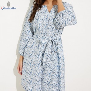 Women’s Floral Print 100% Cotton V-Neck Dress with Belt for Spring and Summer Outfit