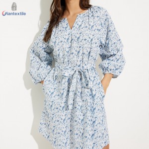 Women’s Floral Print 100% Cotton V-Neck Dress with Belt for Spring and Summer Outfit