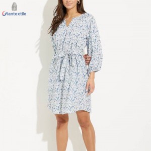 Women’s Floral Print 100% Cotton V-Neck Dress with Belt for Spring and Summer Outfit