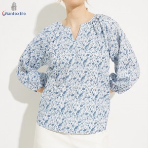 Women’s Blue Floral Print 100% Cotton Puff Sleeve Blouse for Spring and Summer Fashion Outfit