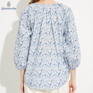 Women’s Blue Floral Print 100% Cotton Puff Sleeve Blouse for Spring and Summer Fashion Outfit