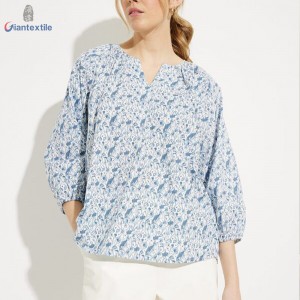 Women’s Blue Floral Print 100% Cotton Puff Sleeve Blouse for Spring and Summer Fashion Outfit