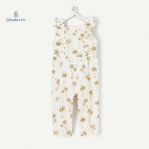 Girl’s Print Jumpsuit 100% Cotton Seersucker Coconut Tree Print Short Sleeveless Jumpsuit for Summer Wear