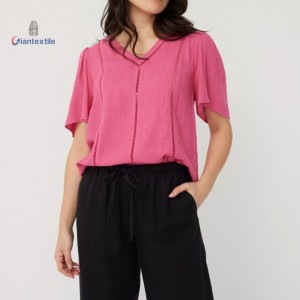 Hot Selling European Women’s Pink V-Neck Blouse Linen Viscose Lightweight and Flowy Good Hand Feel Short-Sleeved Shirts