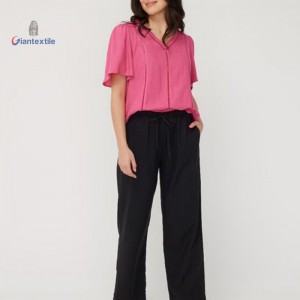 Hot Selling European Women’s Pink V-Neck Blouse Linen Viscose Lightweight and Flowy Good Hand Feel Short-Sleeved Shirts