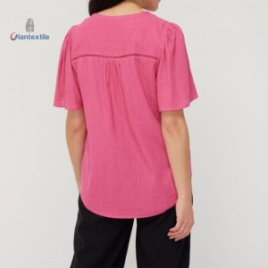 Hot Selling European Women’s Pink V-Neck Blouse Linen Viscose Lightweight and Flowy Good Hand Feel Short-Sleeved Shirts