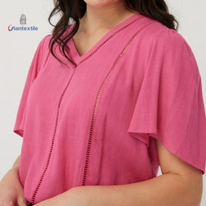 Hot Selling European Women’s Pink V-Neck Blouse Linen Viscose Lightweight and Flowy Good Hand Feel Short-Sleeved Shirts