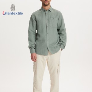 GInatextile OEM Supplier Men’s Olive Green Linen Cotton Shirt Lightweight and Breathable Daily Wear Long-Sleeved Shirts For Men