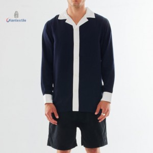 Giantextile Fashion Men’s Long Sleeve Hawaii Collar and Cuff Shirt – Navy Blue and White Casual Shirt For Men