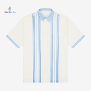 Giantextile Summer Wear Men’s Short-Sleeve Striped Shirt – Light Blue and Beige Colorblock with Vertical Stripes