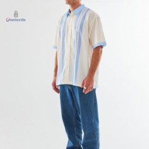 Giantextile Summer Wear Men’s Short-Sleeve Striped Shirt – Light Blue and Beige Colorblock with Vertical Stripes