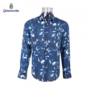 Men’s Blue Abstract Print 100% Viscose Long Sleeve Shirt for Fashionable Outfits Casual Shirt for Men