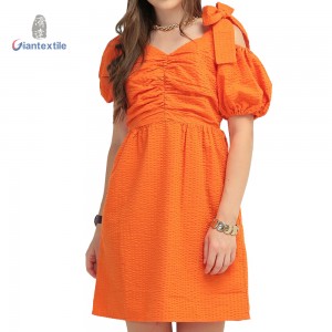 Giantextile New design Seersucker Fabric Ladies Dress Casual Orange Dyed Skirts For Women Summer Wear