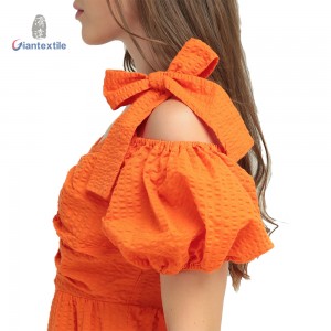 Giantextile New design Seersucker Fabric Ladies Dress Casual Orange Dyed Skirts For Women Summer Wear