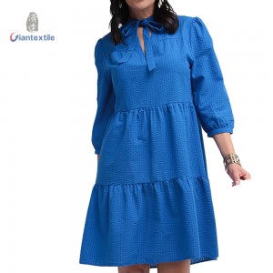 Giantextile Women’s Blue Bow Neck Tiered Dress with Long Sleeves Textured Fabric Knee-Length Elegant & Flattering