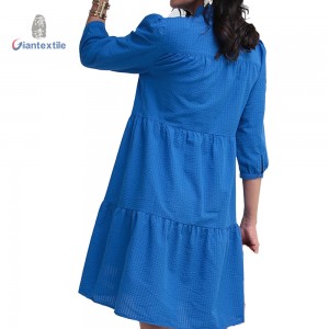 Giantextile Women’s Blue Bow Neck Tiered Dress with Long Sleeves Textured Fabric Knee-Length Elegant & Flattering