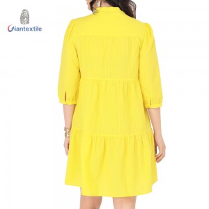 Newly Fashion Women’s Yellow Seersucker Tiered Dress with Bow Tie Neckline-Flirty & Fun by Giantextile