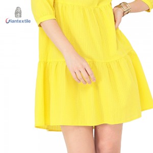 Newly Fashion Women’s Yellow Seersucker Tiered Dress with Bow Tie Neckline-Flirty & Fun by Giantextile