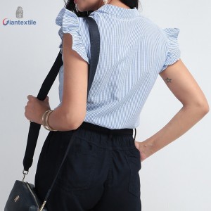 Women’s Seersucker Fabric Polyester Cotton Striped Ruffle-Trimmed Blouse-Chic & Trendy by Giantextile