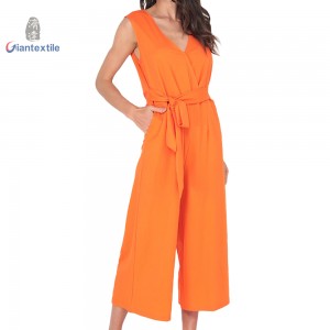Giantextile V-Neck Orange Jumpsuit with Belted Waist and Wide Legs – Sleeveless- High Waisted-Women’s Jumpsuit