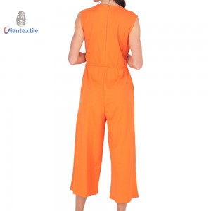 Giantextile V-Neck Orange Jumpsuit with Belted Waist and Wide Legs – Sleeveless- High Waisted-Women’s Jumpsuit