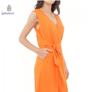 Giantextile V-Neck Orange Jumpsuit with Belted Waist and Wide Legs – Sleeveless- High Waisted-Women’s Jumpsuit