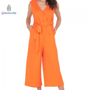 Giantextile V-Neck Orange Jumpsuit with Belted Waist and Wide Legs – Sleeveless- High Waisted-Women’s Jumpsuit