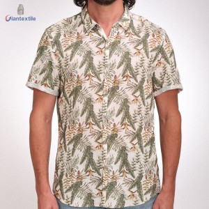 Men’s Open Collar Cotton Viscose Green Leaf Print Summer Hawaii Beach Shirts