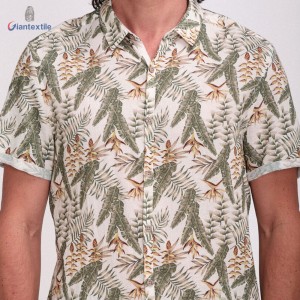 Men’s Open Collar Cotton Viscose Green Leaf Print Summer Hawaii Beach Shirts