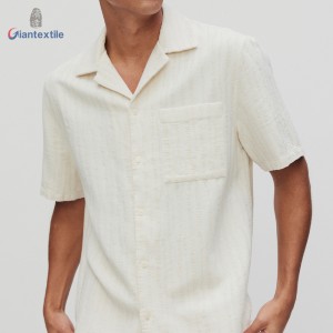 Men’s Camp Shirt with Short Sleeve Cotton linen viscose blended Stripe Print