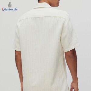 Men’s Camp Shirt with Short Sleeve Cotton linen viscose blended Stripe Print