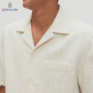 Men’s Camp Shirt with Short Sleeve Cotton linen viscose blended Stripe Print