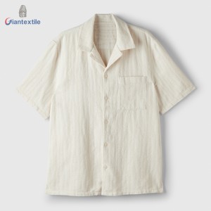 Men’s Camp Shirt with Short Sleeve Cotton linen viscose blended Stripe Print