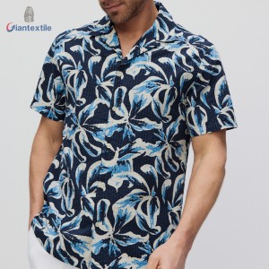 100% Cotton Seersucker Blue Flower Print Short Sleeve Open Collar Shirt For Men