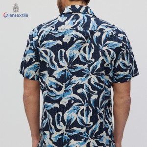 100% Cotton Seersucker Blue Flower Print Short Sleeve Open Collar Shirt For Men