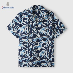 100% Cotton Seersucker Blue Flower Print Short Sleeve Open Collar Shirt For Men