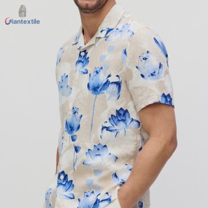 Men’s Blue Lotus Print 55% Linen 45% Viscose Shirt For Men