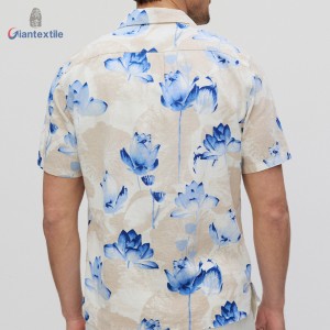 Men’s Blue Lotus Print 55% Linen 45% Viscose Shirt For Men