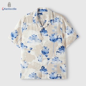 Men’s Blue Lotus Print 55% Linen 45% Viscose Shirt For Men