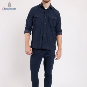 Men’s Corduroy Shirt – Dark Blue Long Sleeve with Chest Pockets and Button-Front Closure Casual Shirt