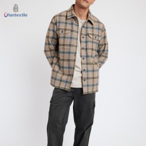 Men’s Plaid Flannel Shirt Jacket – Beige and Blue Checkered with Front Pockets and Button-Front Shirts For Men