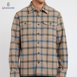 Men’s Plaid Flannel Shirt Jacket – Beige and Blue Checkered with Front Pockets and Button-Front Shirts For Men