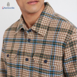 Men’s Plaid Flannel Shirt Jacket – Beige and Blue Checkered with Front Pockets and Button-Front Shirts For Men