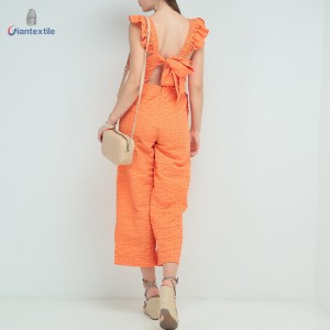 Women’s Orange Seersucker Summer Wear Jumpsuit with Square Neckline Bold Beautiful by Giantextile