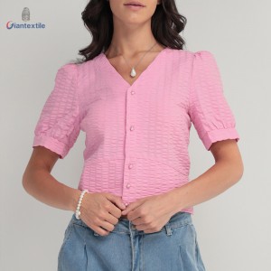 Women’s V-Neck Seersucker Pink Solid Polyester Cotton Puff-Sleeve Top Girly Glamorous by Giantextile