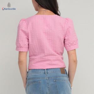 Women’s V-Neck Seersucker Pink Solid Polyester Cotton Puff-Sleeve Top Girly Glamorous by Giantextile