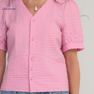 Women’s V-Neck Seersucker Pink Solid Polyester Cotton Puff-Sleeve Top Girly Glamorous by Giantextile