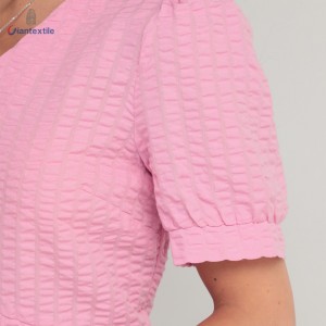 Women’s V-Neck Seersucker Pink Solid Polyester Cotton Puff-Sleeve Top Girly Glamorous by Giantextile